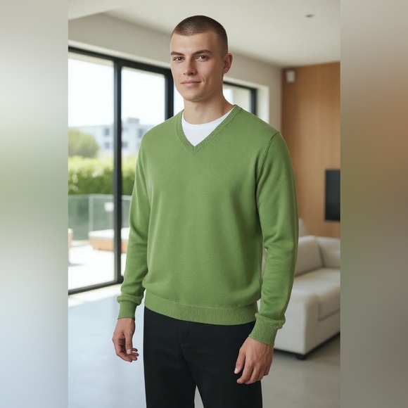 Brooks Brothers Sweater Green Silk Cotton V Neck Long Sleeve Men’s L Office - Picture 1 of 9